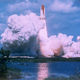 Circa 1981: NASA’s manned space shuttle taking off.